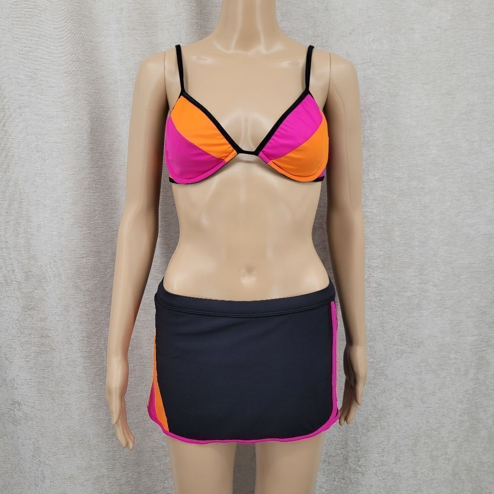 VM Sport Vintage 90s Vibrant Pink and Orange Women's Swimsuit Set Bikini Skort